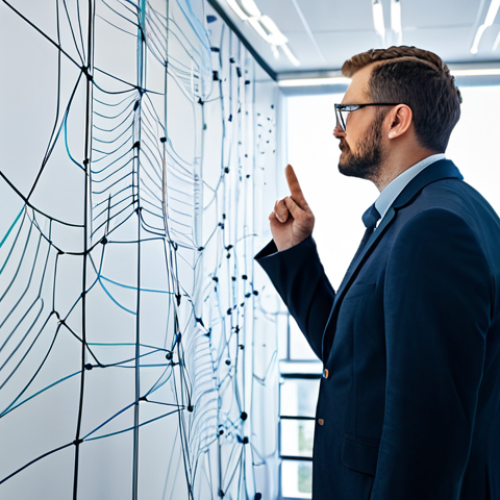 A professional software architect, fully clothed in a modest business suit, standing thoughtfully in a modern, brightly lit office. Behind them, abstract, glowing lines and interconnected nodes symbolize complex system architecture, data flow, and robust infrastructure, illustrating concepts of scalability and design patterns. The image emphasizes strategic planning and technical expertise. Perfect anatomy, correct proportions, natural pose, well-formed hands, proper finger count, natural body proportions. High quality professional photography, safe for work, appropriate content, fully clothed, professional.