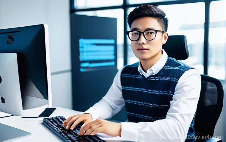웹개발자 최신 개발 언어 - **Prompt:** "A diverse young software developer, around 25-30 years old, male or female, sits comfor...