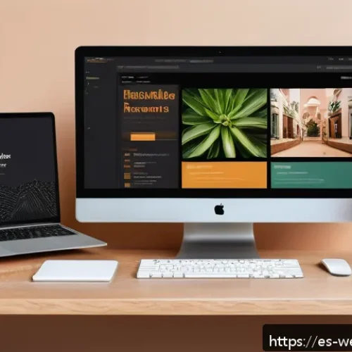 웹개발자 프론트엔드 개발 기술 - A modern web developer workspace with dual monitors displaying dynamic typography examples in Spanis...