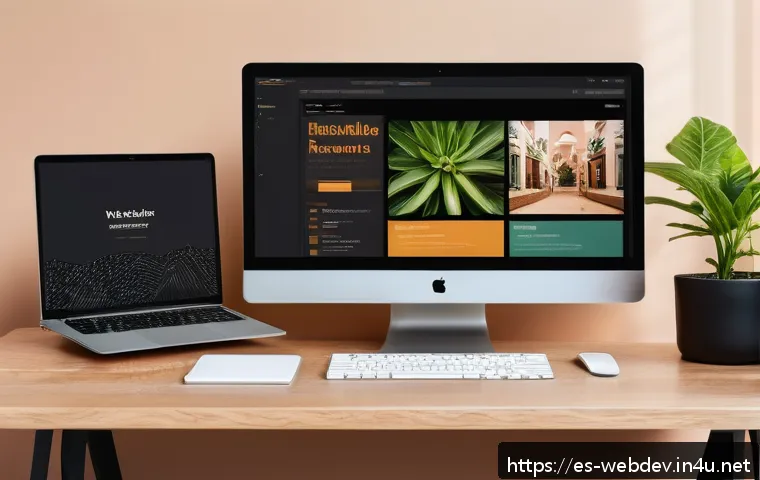 웹개발자 프론트엔드 개발 기술 - A modern web developer workspace with dual monitors displaying dynamic typography examples in Spanis...