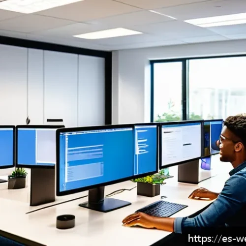 웹개발자 업무 프로세스 개선 사례 - A modern software development team working collaboratively in a bright, spacious office, with multip...
