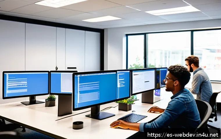 웹개발자 업무 프로세스 개선 사례 - A modern software development team working collaboratively in a bright, spacious office, with multip...