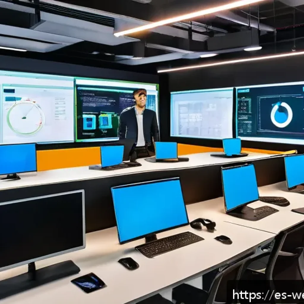 웹개발자 DevOps 도입 - A modern office setting showing a diverse team of software developers and operations engineers colla...