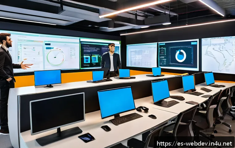 웹개발자 DevOps 도입 - A modern office setting showing a diverse team of software developers and operations engineers colla...