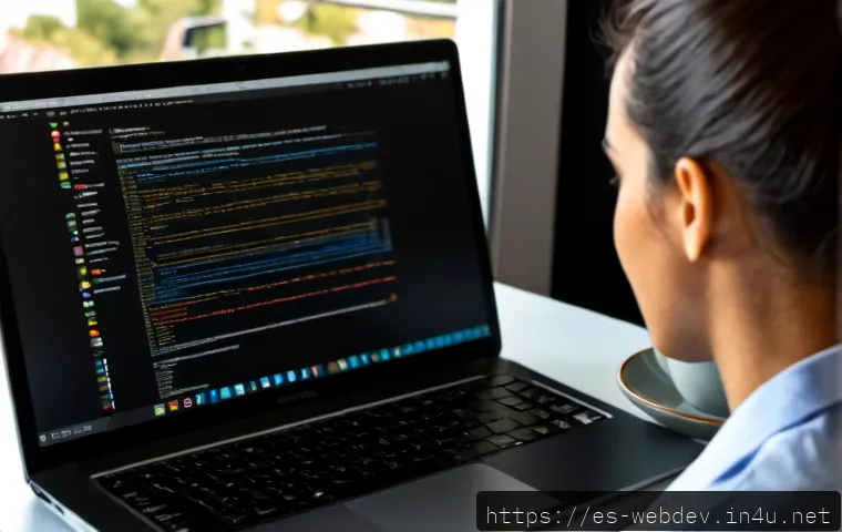 웹개발자 풀스택 실무 - Photorealistic full-stack web developer at a clean modern home office in Madrid, working on a large ...
