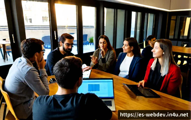웹개발자 개발자 커뮤니티 활동 - Photorealistic wide-angle scene of a diverse group of Spanish-speaking web developers collaborating ...