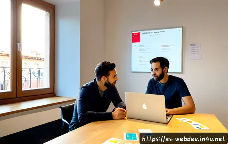 웹개발자 애자일 개발 - Photorealistic agile web development team in a bright modern Madrid coworking studio, four diverse S...