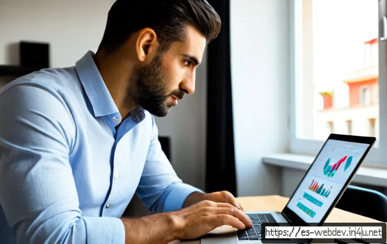 웹개발자 연봉 통계 - Photorealistic Spanish web developer reviewing salary statistics on a clean laptop dashboard with ab...